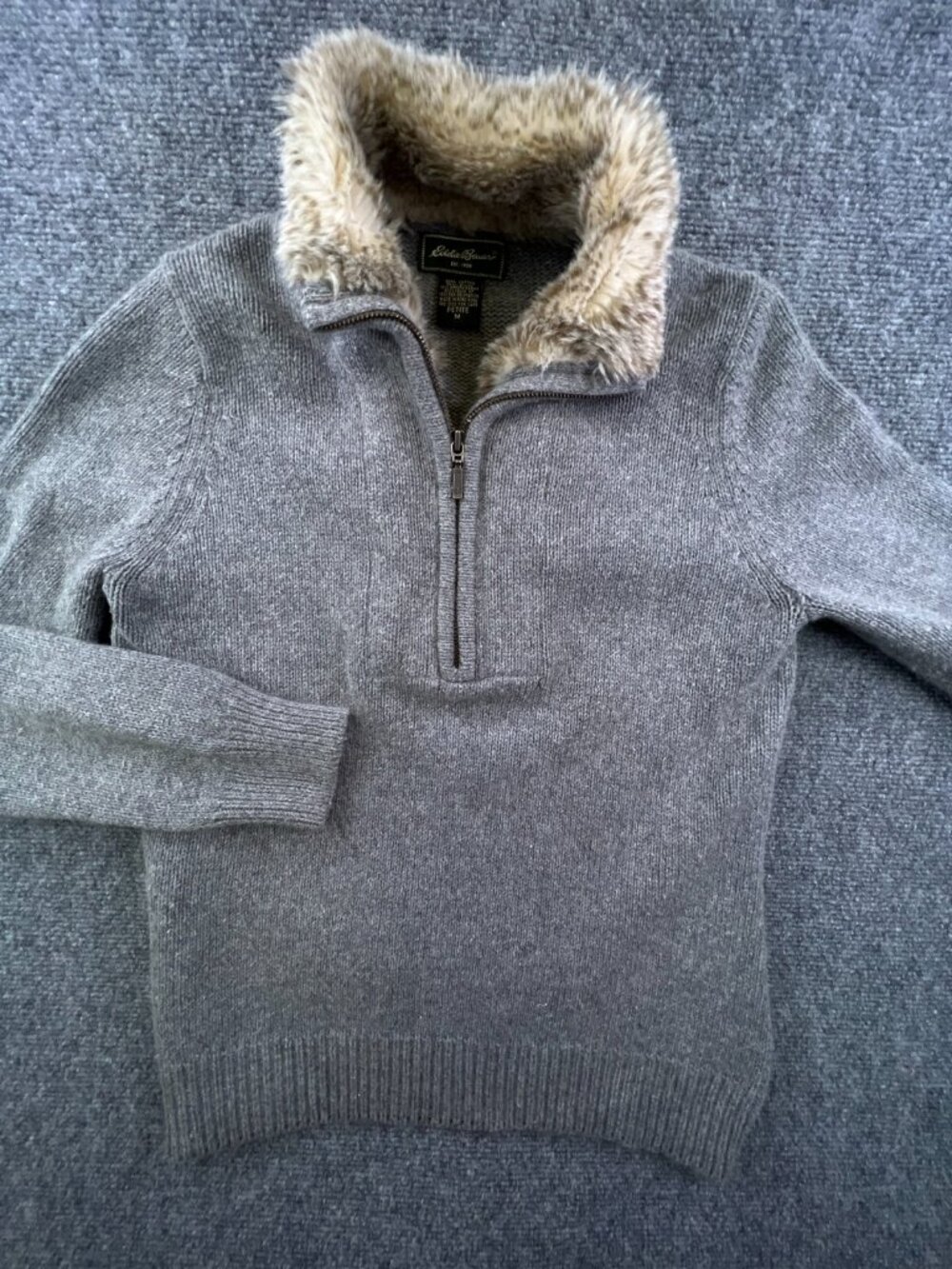 Eddie Bauer Sweater Women Medium Petite Gray 1/4 Zip Long Sleeve Faux Fur Rabbit